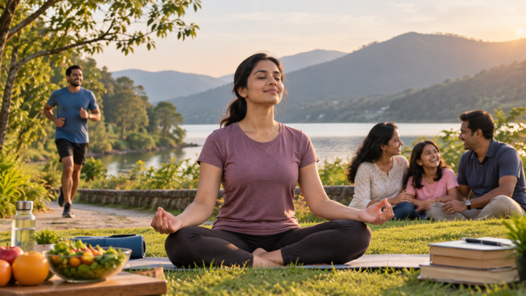 A woman meditating outdoors beside a lake at sunset, with a jogger, a family relaxing together, fresh fruit and books nearby, representing whole-person wellbeing across movement, mindfulness, nutrition and relationships