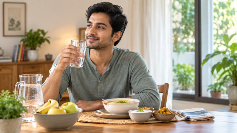 A man drinking a glass of water alongside a light meal, representing hydration and gentle nutrition