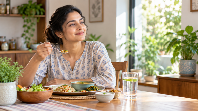 A woman enjoying a home-cooked meal of rice, vegetables and salad