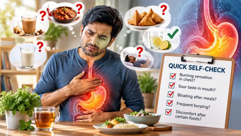 A man holding his chest with a pained expression, surrounded by images of chai, spicy curry, samosas, milk, lemon water and lying down after eating, next to a Quick Self-Check clipboard listing common acidity symptoms