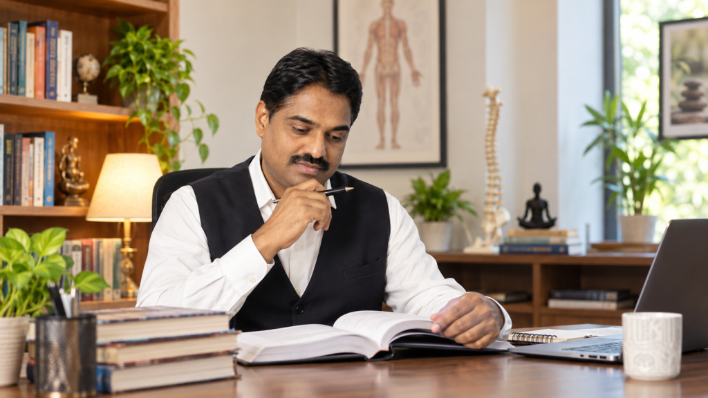 डॉ. सारंग पाटील आपल्या डेस्कवर वैद्यकीय पुस्तके आणि लॅपटॉपसह अभ्यास करताना
