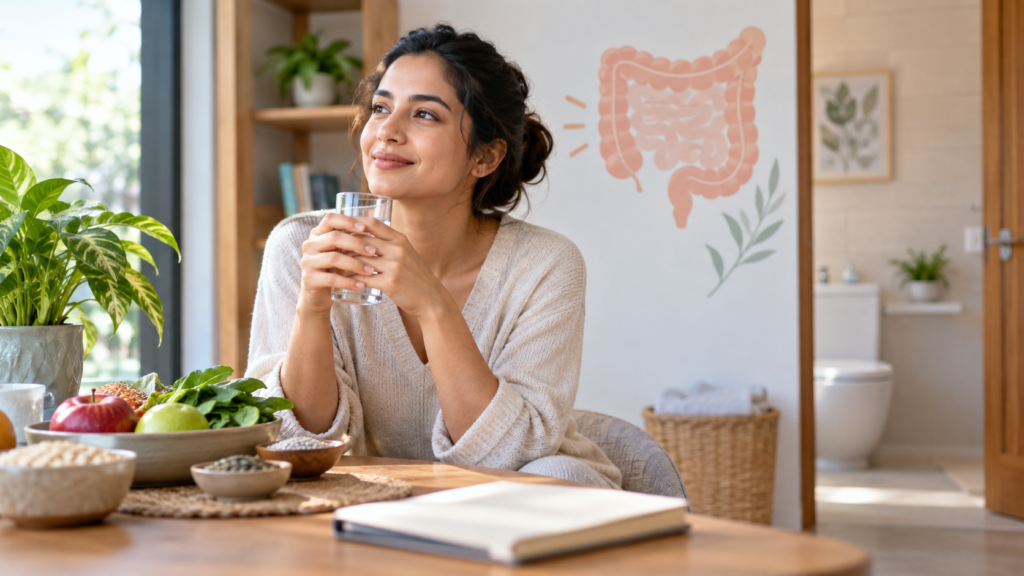 पाणी पिणारी आणि फायबरयुक्त आहार घेणारी व्यक्ती, जी शौचाची क्रिया सुरळीत करणाऱ्या चांगल्या सवयी दर्शवते