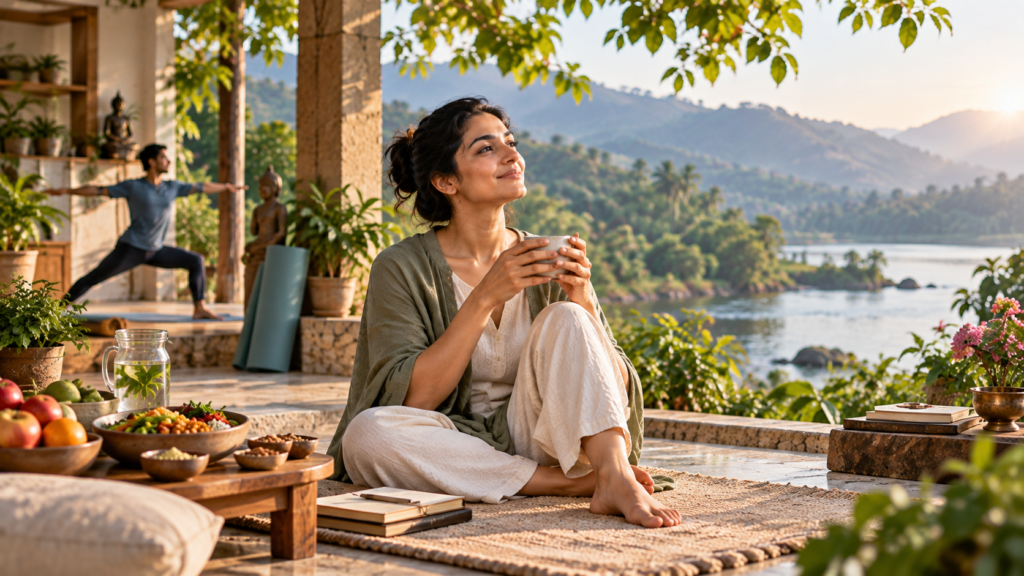निसर्गाच्या सान्निध्यात शांत बसून सर्वांगीण आरोग्याचा अनुभव घेणारी व्यक्ती