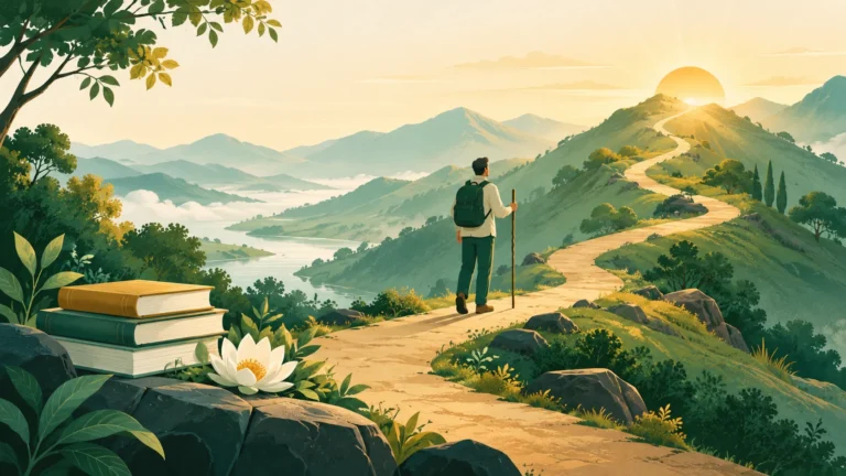 सूर्योदय के समय हरी पहाड़ियों के बीच घुमावदार रास्ते पर छड़ी लिए चढ़ती एक शांत आकृति, नीचे किताबों का ढेर और कमल