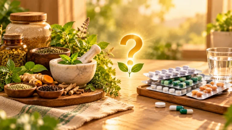 Herbs and a mortar on one side and a strip of tablets on the other, with a golden question mark between them
