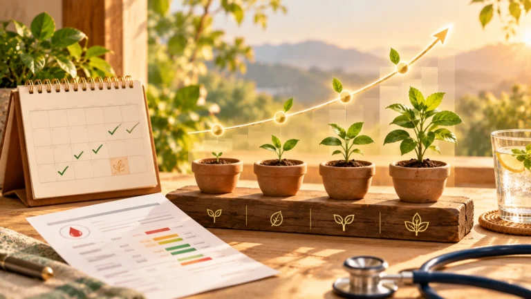 A calendar with ticks, seedlings growing in a row and a blood report, showing steady progress over time