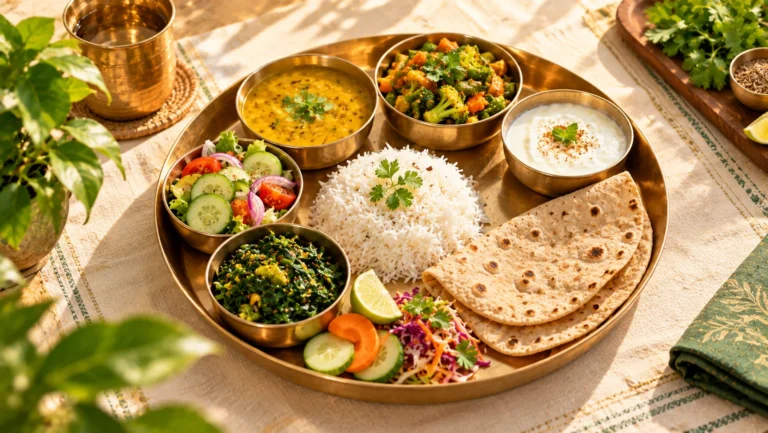 A balanced Indian thali with rice, rotis, dal, vegetables, curd and salad on a brass plate