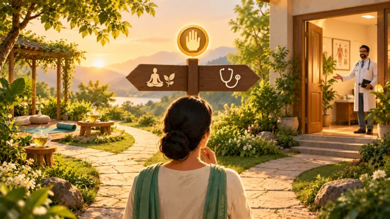A woman at a signpost choosing between a yoga path and a doctor's clinic door, with a golden pause hand above