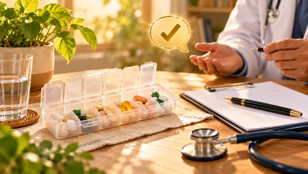 A weekly pill organiser, a doctor's clipboard and a golden speech bubble with a tick