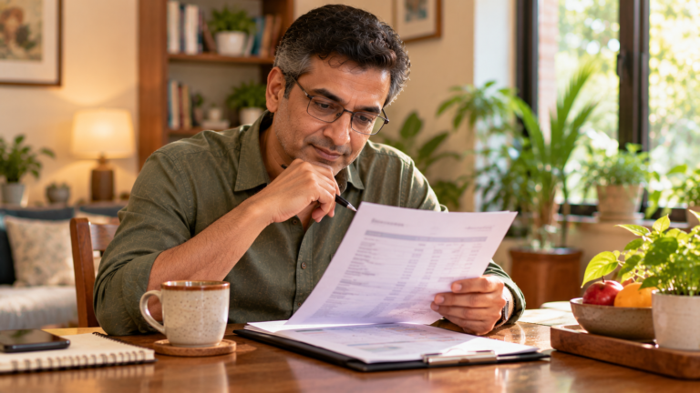 A man at a table reading a printed lab report with a cup of tea