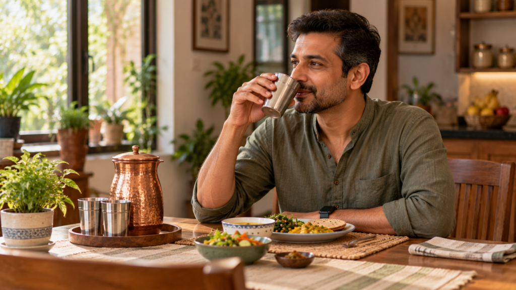 ડાઇનિંગ ટેબલ પર સ્ટીલના પ્યાલામાંથી પાણી પીતો પુરુષ, જેની બાજુમાં તાંબાનો જગ મૂકેલો છે