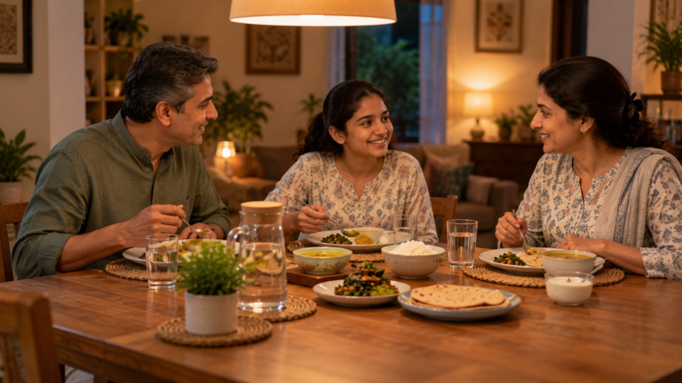 A family of three sharing a light dinner of dal, roti, vegetables and curd at a wooden table