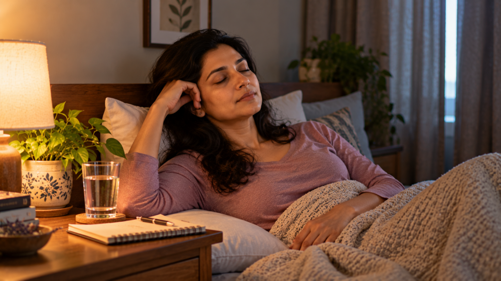 A woman resting with her eyes closed in a quiet, dimly lit bedroom