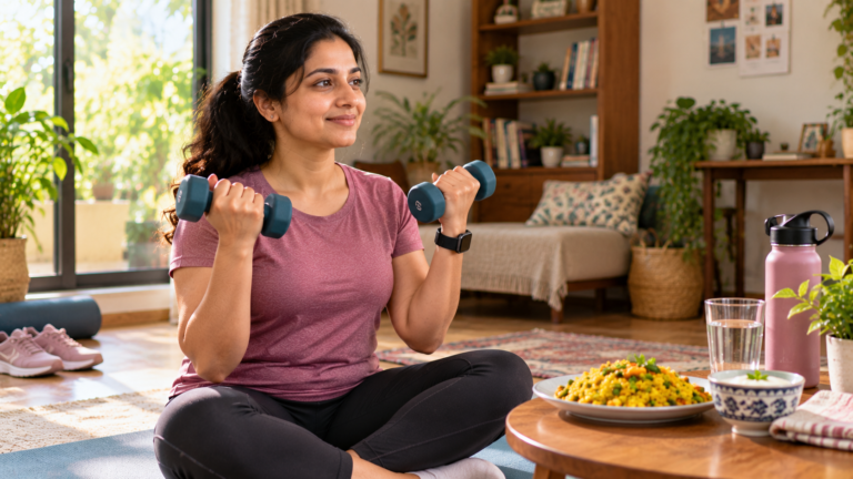 A young woman doing a gentle strength workout with light dumbbells on a yoga mat at home
