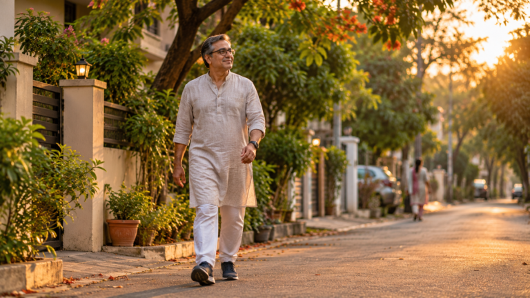 A man in a white kurta taking a relaxed evening walk on a quiet, tree-lined lane