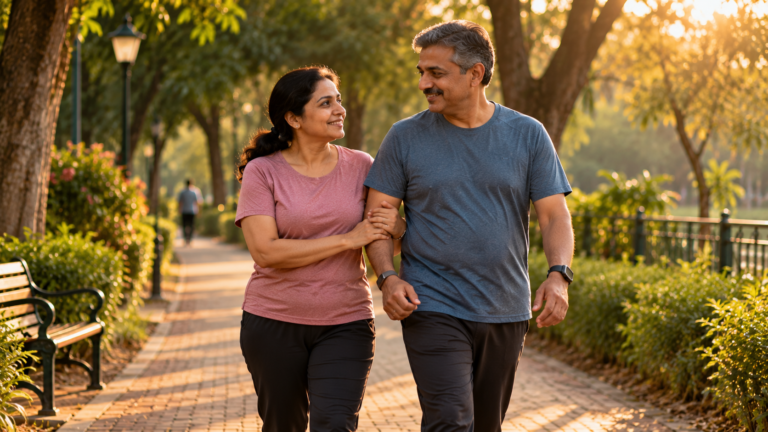 A couple walking side by side on a tree-lined park path in the evening light