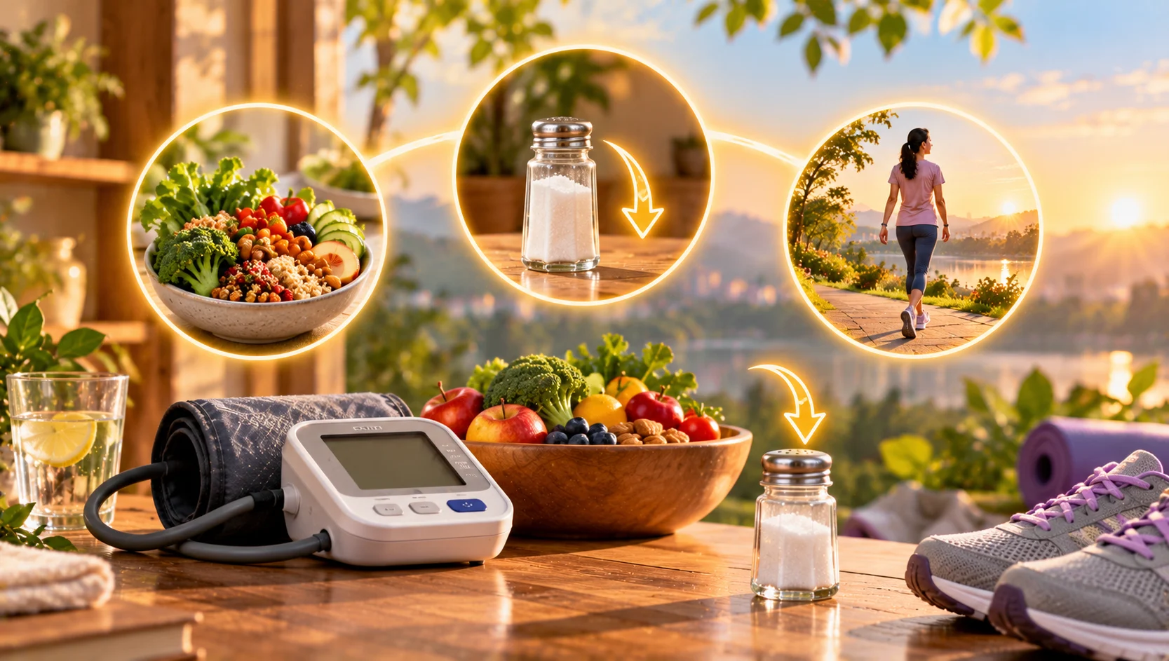 A blood pressure monitor beside a bowl of fruit, walking shoes and a salt shaker