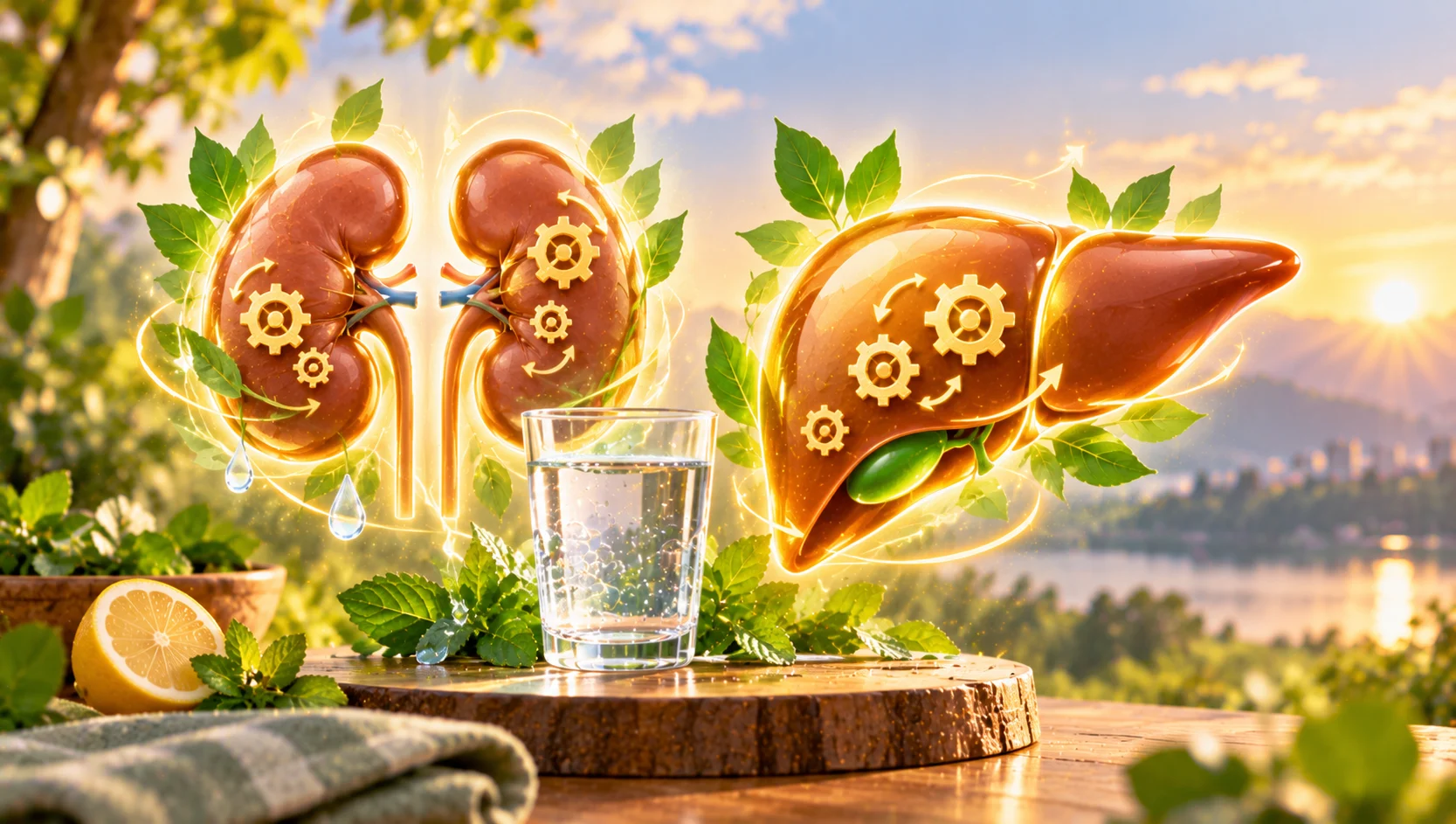 Friendly kidneys and a liver with small golden gears beside a glass of water: the body already detoxes