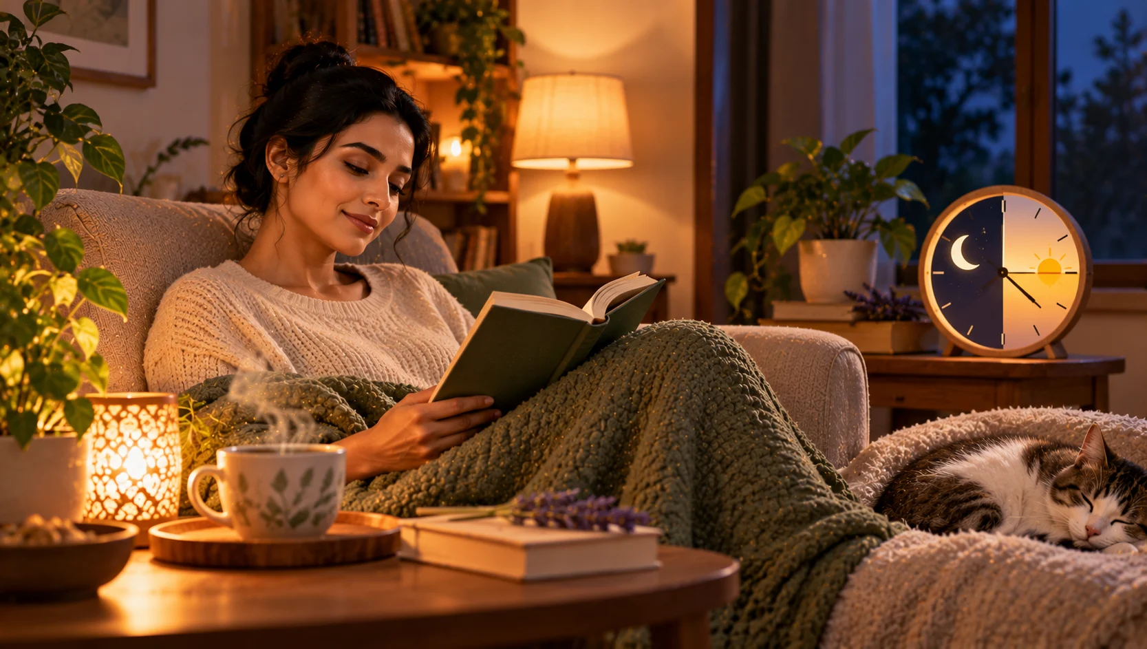 A woman reading with tea in a cosy evening room, with a sleeping cat and a moon clock