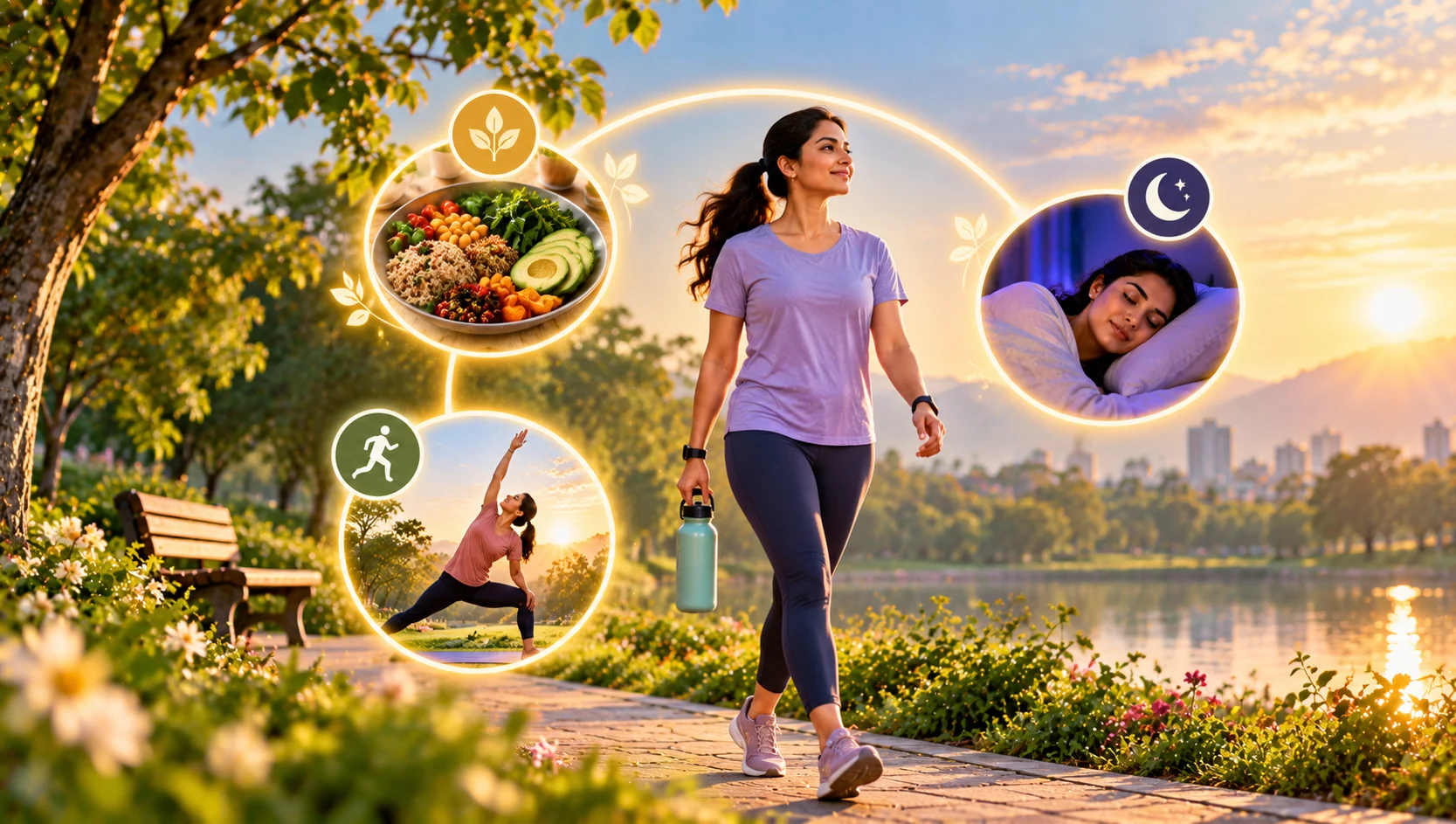 A woman walking on a park path with a water bottle, with a balanced plate, yoga and sleep icons around her