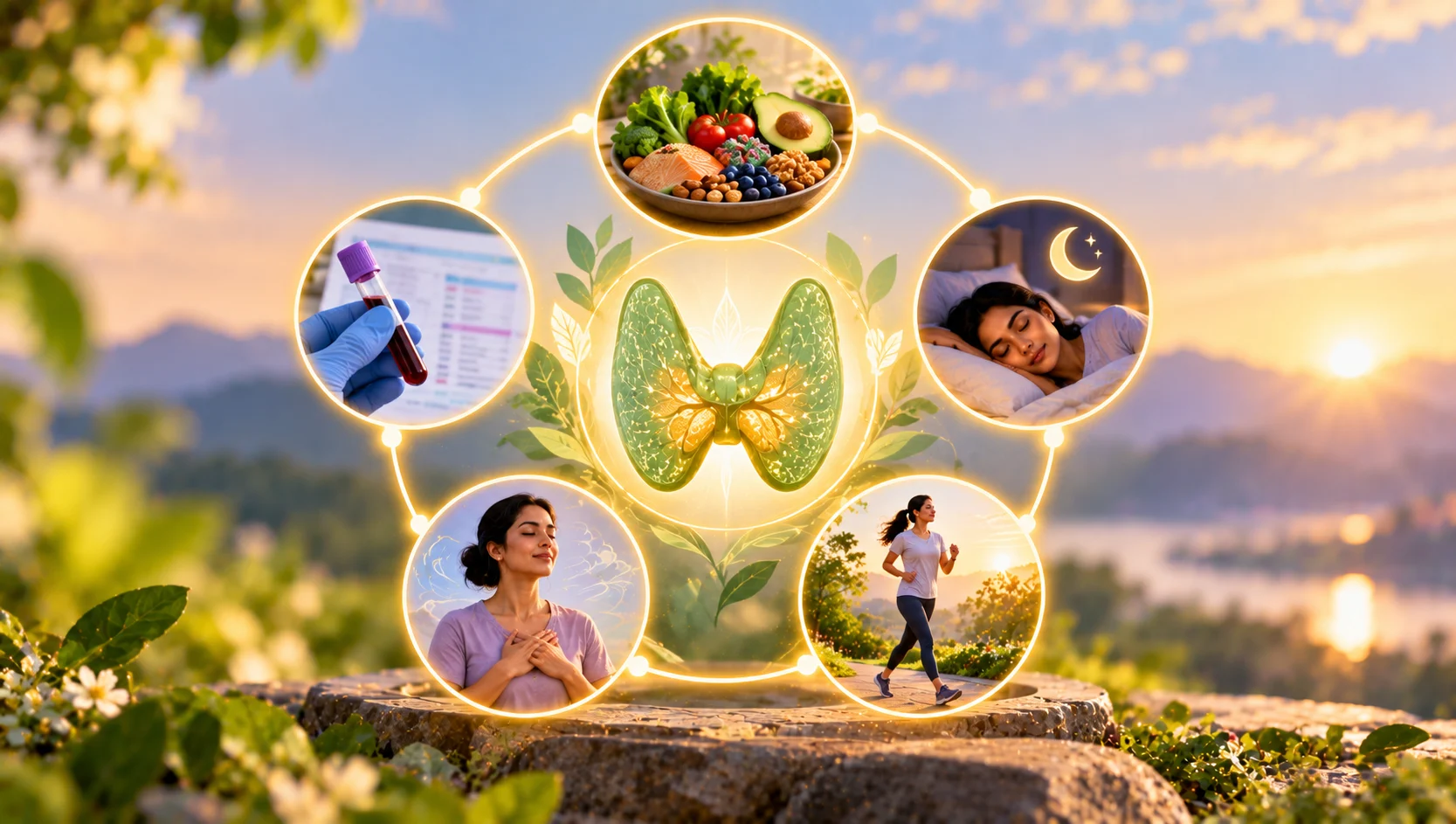 A butterfly-shaped thyroid at the centre with icons of food, sleep, stress, movement and a lab report around it