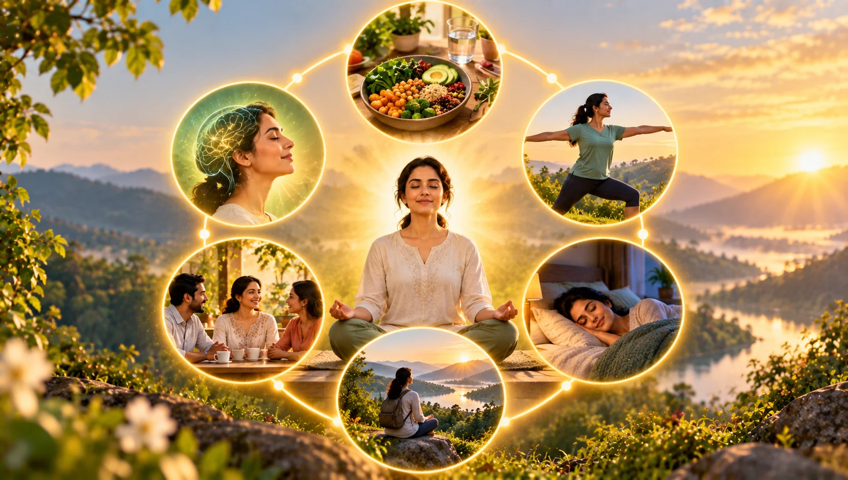 A person at the centre of a ring of six scenes: food, movement, sleep, mind, relationships and nature