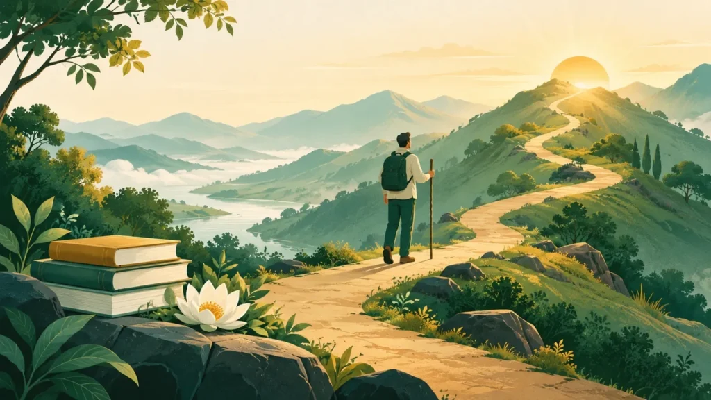 A man with a backpack and walking staff looking out over a winding path through green hills towards the sunrise, with a stack of books and a white lotus in the foreground